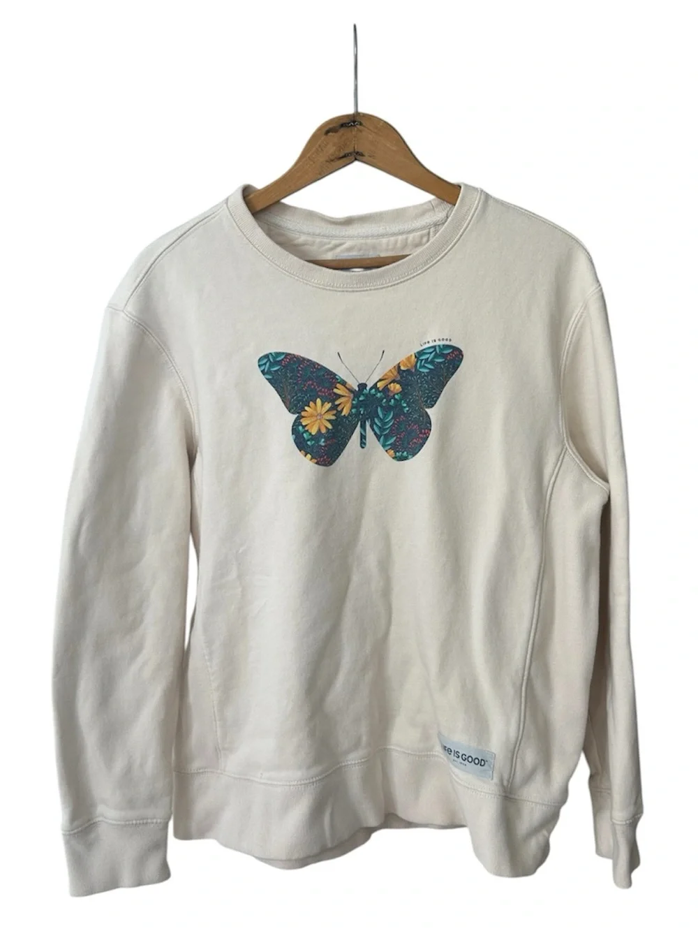 Life Is Good | Women’s Cream Crewneck Floral Butterfly Print Sweatshirt Size M